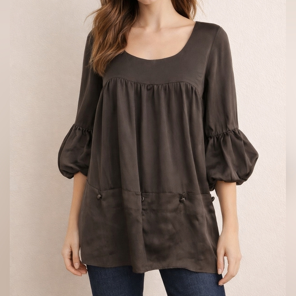 ANTHROPOLOGIE Gray Silk Balloon Sleeve Satin Button Embellished Painter Top
